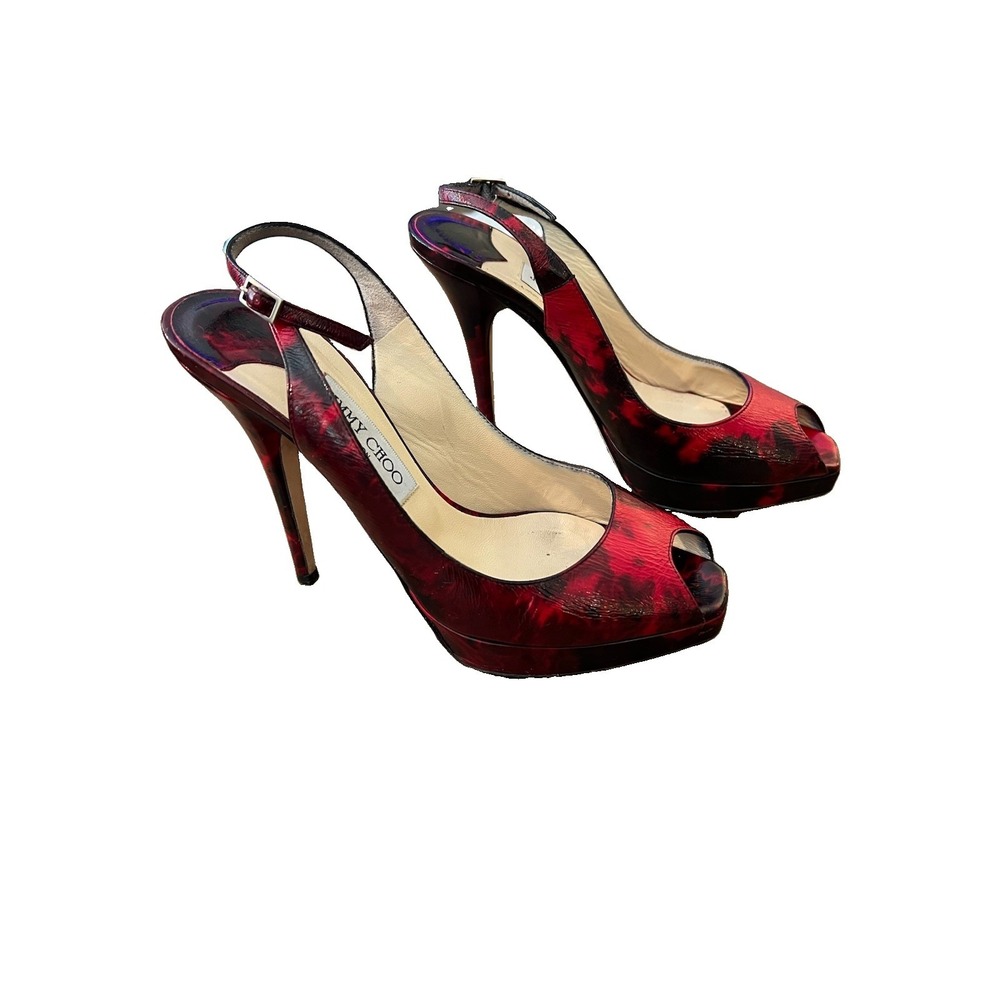 Jimmy Choo Red Black Patent Leather Peep Toe Platform Slingback Heels 38.5